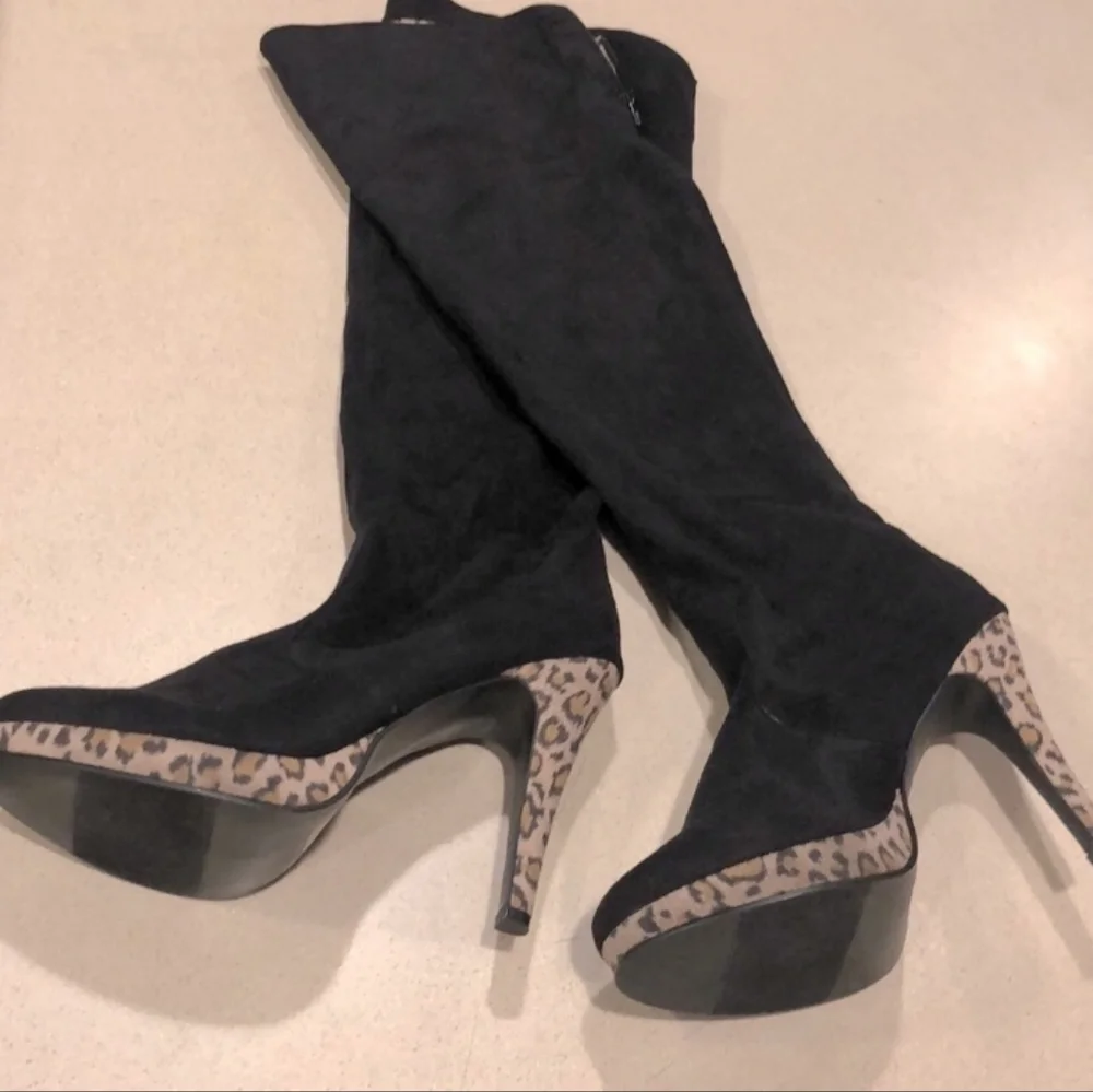 Faux Suede Pull On Thigh High Boots Stiletto Platform Leopard Print Heels